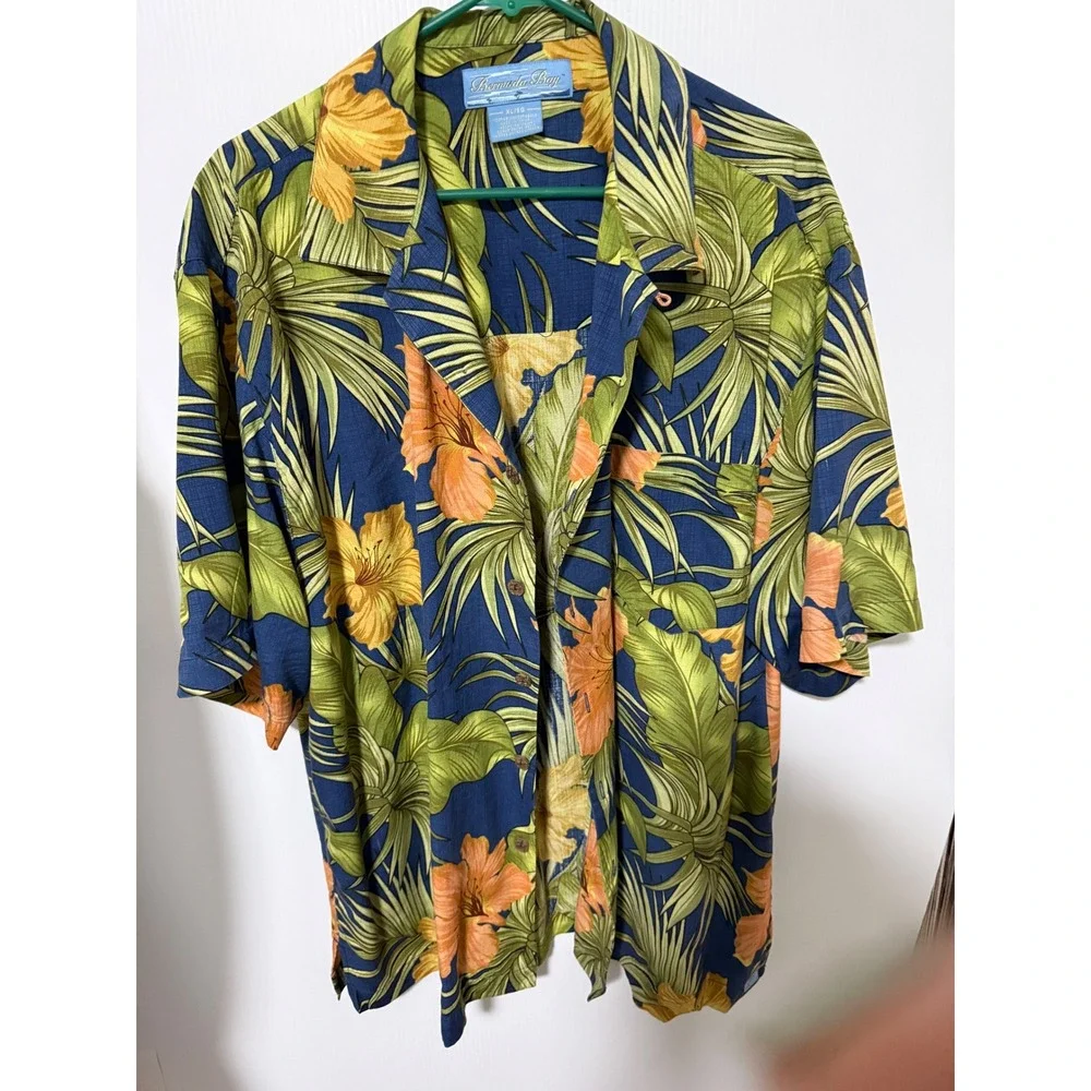 Bermuda Bay Mens XL Silk Hawaiian Shirt Floral Hibiscus Palm Leaf Navy Orange - Picture 2 of 5